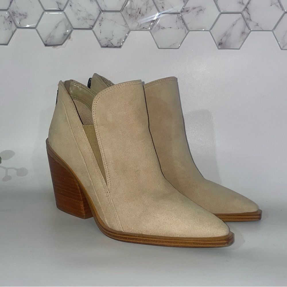 Vince Camuto Gardena Stacked Heel Tan Ankle Booties
